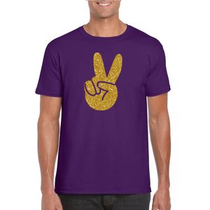 Paars Flower Power t-shirt gouden glitter peace hand heren