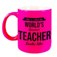 Worlds Greatest Teacher cadeau mok / beker voor juf / meester neon roze 330 ml   -