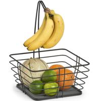 Zeller Fruitmand - vierkant - banaan hanger - zwart - 26 cm - draad metaal - fruitschaal