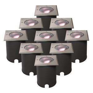 Set van 9 Cody Smart Grondspots RVS - GU10 5,5 Watt 345 lumen - RGB + WW - Wifi + BLE - Kantelbaar - Overrijdbaar - Vierkant - IP67 waterdicht Grondsp