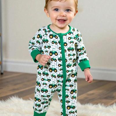 Spring Baby Boys Crawler Jumpsuit With Cute Green Tractor Print Pattern, New Fashion Zipper Design Comfortable & Stylish Romper Multicolor / 12-18M