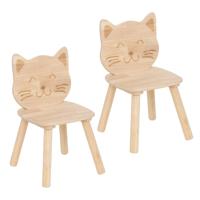 Kinder stoeltje Katje/poes - 2x - naturel - hout - D30 x H50 cm - bijzet stoeltjes