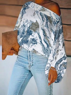 Abstract Long Sleeve Cold Shoulder Casual Tops Abstract Long Sleeve Cold Shoulder Casual Tops