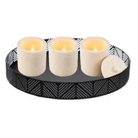LED kaarsen met deksel - 3x - beton wit - met zwart rond dienblad 29,5 cm - LED kaarsen