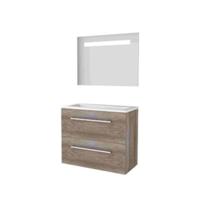 Basic-Line Economic 39 Badkamermeubelset - Ondiep - 80 x 39 cm - Met Grepen - 2 Lades - Acryl Wastafel - 1 Kraangat - Spiegel met LED Verlichting - Scotch Oak