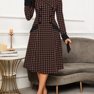 Bon&Bon Houndstooth Double-Breasted Lapel Neck A-Line Office Midi Dress Chocolate Brown / L
