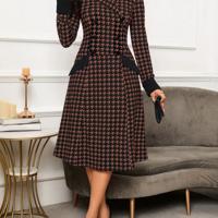 Bon&Bon Houndstooth Double-Breasted Lapel Neck A-Line Office Midi Dress Chocolate Brown / L