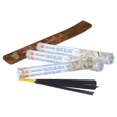 Hem Wierook stokjes Witte Salie geur - voordeelpak met 60x stokjes - 25cm - met plankje/houder