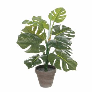 Groene Monstera/gatenplant kunstplant 48 cm in grijze pot