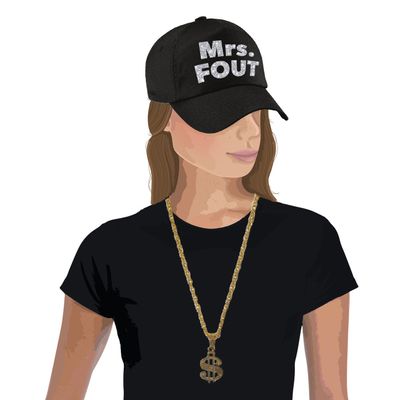 Mrs. FOUT baseballcap zwart/zilver dames en een zilveren dollarketting