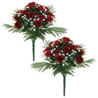 Kunstbloemen boeket rozen/gipskruid - 2x stuks - rood - H36 cm - Bloemstuk - Bladgroen