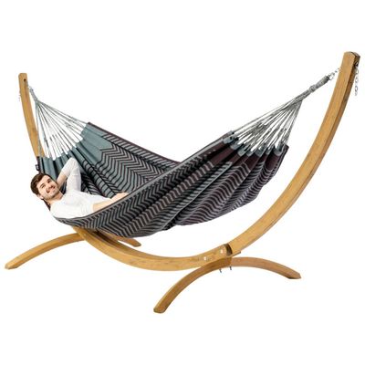 Tweepersoons hangmat met houten standaard - 350x160cm -Bruin - 160kg draagkracht- 100% katoen - binnen & buiten