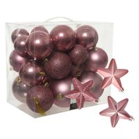 Pakket 32x stuks kunststof kerstballen en sterren ornamenten oud roze