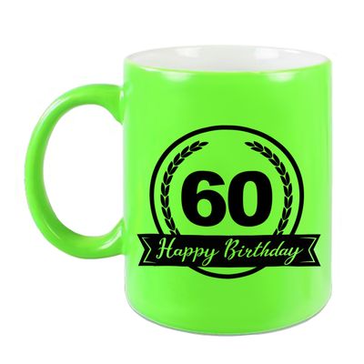 Happy Birthday 60 years cadeau mok / beker neon groen met wimpel 330 ml Happy Birthday 60 years cadeau mok / beker neon groen met wimpel 330 ml