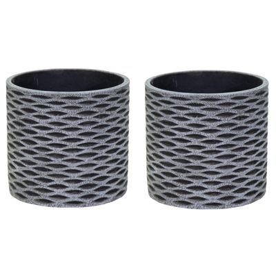 Plantenpot/bloempot - 2x - keramiek - antraciet/grijs - visgraat motief - D13.5 x H12.5 cm