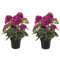 Geranium Kunstbloemen - 2 stuks - in pot - fuchsia - H35 cm