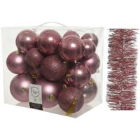 Kerstversiering kunststof kerstballen 6-8-10 cm met folieslingers pakket oud roze van 28x stuks - Kerstbal - thumbnail