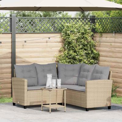 Tuinbank met tafel en kussens L-vormig beige poly rattan