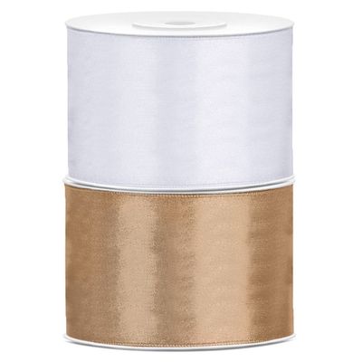 Bellatio decorations 2x rollen satijn sierlint 5 cm x 25 meter goud en wit Bellatio decorations 2x rollen satijn sierlint 5 cm x 25 meter goud en wit