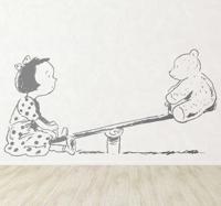 Sticker kinderkamer meisje en teddybeer op wip - thumbnail