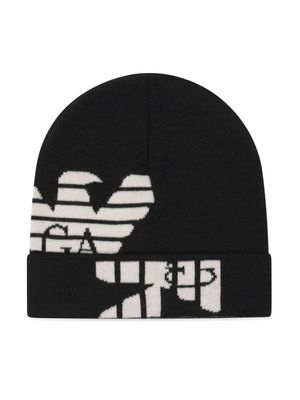 Emporio Armani Kids bonnet en laine vierge à logo intarsia - Noir