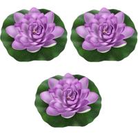 Drijvende kunst waterlelie bloemen - 3x - paars - D18 cm - Vijver decoratie - Nep bloemen - Waterlel