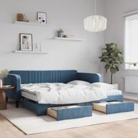 Slaapbank met onderschuifbed en lades 100x200 cm fluweel blauw