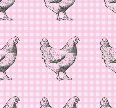 Behang keuken Roze en witte vierkanten met hanen
