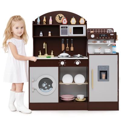Kinderkeukenset Houten Keuken met Klok Magnetron Gootsteen Afdruiprek Wasmachine Ijs- en Koffiezetapparaat Keukenspeelgoed