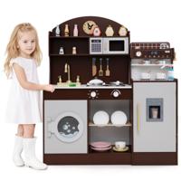 Kinderkeukenset Houten Keuken met Klok Magnetron Gootsteen Afdruiprek Wasmachine Ijs- en Koffiezetapparaat Keukenspeelgoed