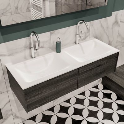 Mondiaz Lush Cloud badmeubel eiken Dark brown 120 cm 2 lades solid surface dubbele spoelbak 2 kraangaten
