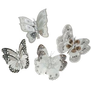 Decoratie vlinders op clip - 8x st - grijs/zilver - 8 cm - kunststof - kerstboomversiering