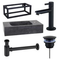 Fortifura Fuente fonteinset - 40x22x24.5cm - 1 kraangat - natuursteen - zwart frame - fonteinkraan zwart mat - zwart SW696235/SW696205/SW696215/SW373151/SW533192