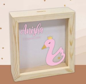 houten/ plexiglas spaarpot met naam 'zwaantje'