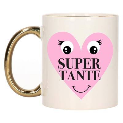 Cadeau koffie/thee mok voor Tante - goud - Super Tante hartje - keramiek - 300 ml