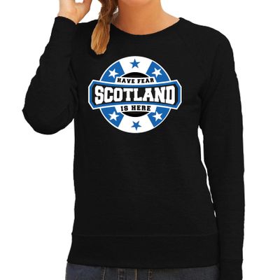 Have fear Scotland is here / Schotland supporter sweater zwart voor dames Have fear Scotland is here / Schotland supporter sweater zwart voor dames