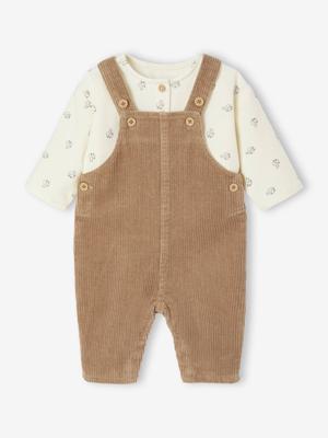 2-delige babyset met salopet van ribfluweel + T-shirt met lange mouwen ecru