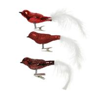 Decoratie vogels - 3x st - op clip - rood - 8 cm - glas - kerstornamenten