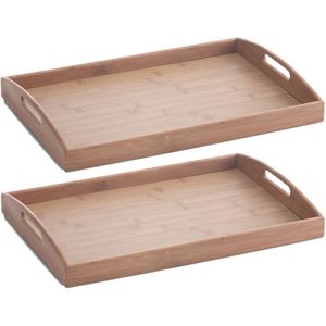 Set van 2x stuks bruine dienbladen rechthoek met hoge rand bamboe hout 44 x 30 cm