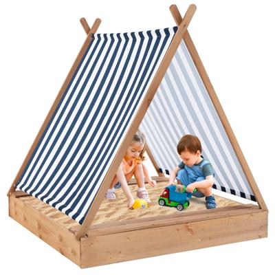 Kinderzandbak met Deksel Houten Zandbak 123 x 120 cm met 2 Banken Blauwe en Witte Strepen Buitencabana-Zandbak