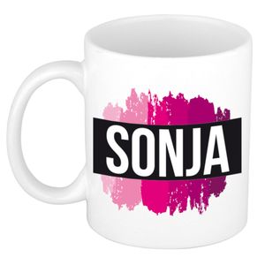 Naam cadeau mok / beker Sonja met roze verfstrepen 300 ml