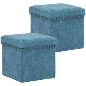 Poef/krukje/hocker Arabic - 2x - Opvouwbare zit opslag box - fluweel Blauw - D38 x H38 cm