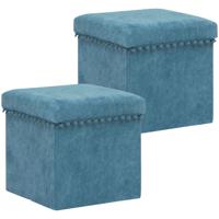 Poef/krukje/hocker Arabic - 2x - Opvouwbare zit opslag box - fluweel Blauw - D38 x H38 cm