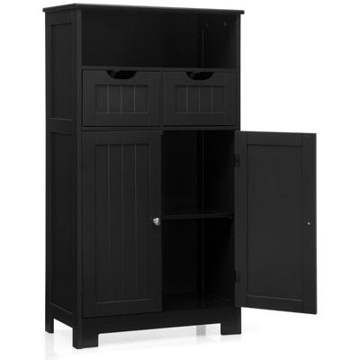 Badkamer Vloerkast Opbergkast met Een Open Plank Twee Deuren en Twee Verstelbare Laden Staande Kast Zwart 60 x 30 x 109 cm