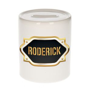 Naam cadeau spaarpot Roderick met gouden embleem