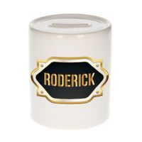 Naam cadeau spaarpot Roderick met gouden embleem