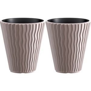 Plantenpot/bloempot Sand Waves - 2x - buiten/binnen - kunststof - beige - D35 x H38 cm