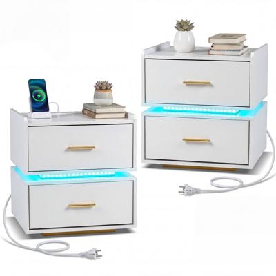 Nachtkastje met Oplaadstation LED-nachtkastje Modern Halfzwevend Bijzettafeltje set van Twee-Wit