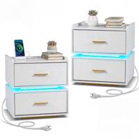 Nachtkastje met Oplaadstation LED-nachtkastje Modern Halfzwevend Bijzettafeltje set van Twee-Wit