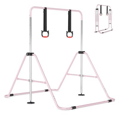 Opvouwbare Gymnastiekstang voor Kinderen met Vier in Hoogte Verstelbare Dwarsbalken en Gymnastiekringen Roze